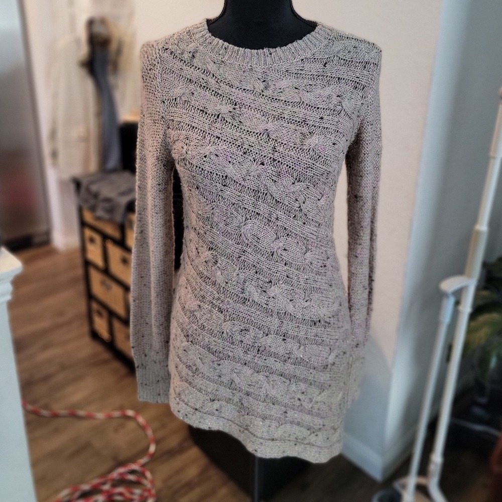 CJ Banks Women Tan Confetti Sequin Cable Knit Tunic Sweater Crew Neck Small